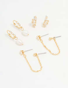 Gold Plated Cubic Zirconia Marquise Freshwater Pearl Earrings 3-Pack