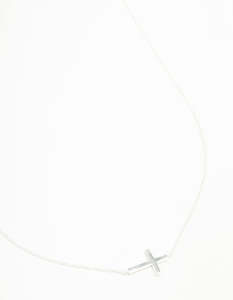 Sterling Silver Necklaces: Sterling Silver Large Horizontal Cubic Zirconia Cross Necklace