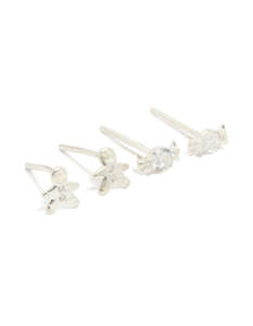 Sterling Silver Cubic Zirconia Xmas Gingerbread Man & Candy Stud Earrings 2-Pack