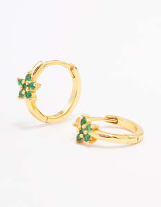 Gold Plated Sterling Silver Cubic Zirconia Flower Huggie Earrings