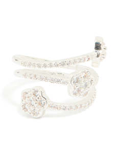 Silver: Silver Plated Cubic Zirconia Triple Layer Flower Wrap Around Ring