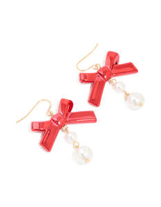 Red: Gold Red Metallic Bow & Pearl Drop Earrings
