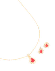 Red: Gold Red Diamante Pear Border Pendant Necklace & Earrings Set
