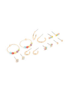 Gold Multicoloured Diamante Stud & Hoop Earrings 7-Pack