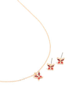 Red: Gold Red Diamante Butterfly Stud Earrings & Necklace Set