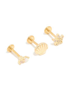 Red: Gold Plated Surgical Steel Diamante Sea-Inspired Flat Back Studs 3-Pack