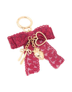 Red: Red Lace Fabric Bow & Hearts Key Chain