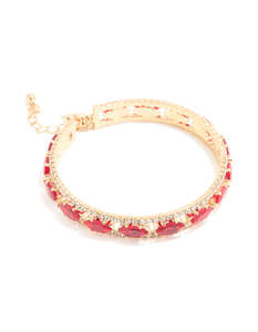 Gold Red & Clear Diamante Oval Bangle
