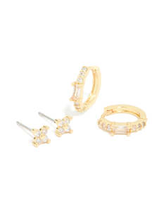 Star Earrings: Gold Plated Cubic Zirconia Star Huggie & Hoop Earrings 2-Pack