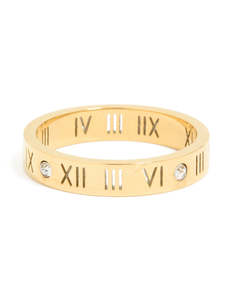 Waterproof Gold Plated Stainless Steel Cubic Zirconia Roman Numeral Band Ring