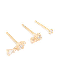 Gold Plated Surgical Steel Cubic Zirconia Drop Stacker Earrings 3-Pack