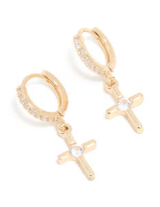 Cross Earrings: Gold Cubic Zirconia Cross Drop Huggie Earrings