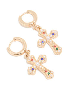 Cross Earrings: Gold Semi-Precious Stone & Pearl Baroque Cross Huggie Earrings