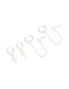 Silver Cubic Zirconia Cross & Chain Earrings 2-Pack