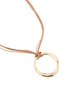 Long Necklaces: Gold Open Pendant Brown Cord Layered Long Necklace