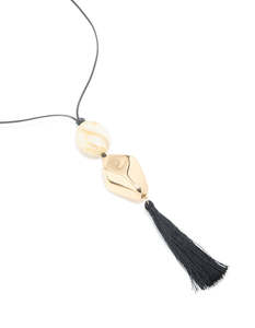 Long Necklaces: Gold Beaded & Black Tassel Long Necklace