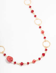 Long Necklaces: Gold Long Red Stone Mixed Beads Necklace