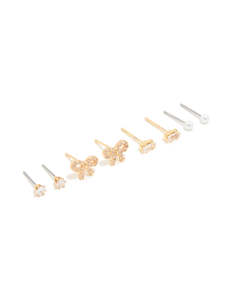 Waterproof Gold Plated Stainless Steel Cubic Zirconia & Pearl Stud Earrings 4-Pack