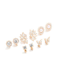 Pearl Earrings: Gold Pearl & Diamante Butterfly Clip On Earrings 5-Pack