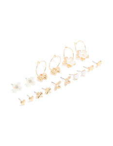 Gold White Pearlised Flower & Bee Earrings 8-Pack