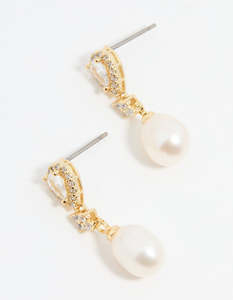Gold Plated Pearl Pear Diamante Drop Earrings
