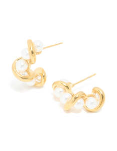 Waterproof Gold Plated Stainless Steel Pearl Wire Hoop Earrings