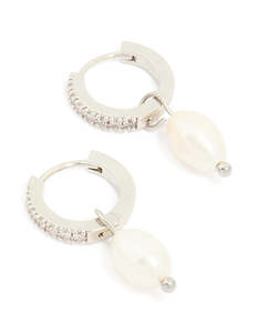 Waterproof Stainless Steel Diamante Freshwater Pearl Drop Huggie Earrings