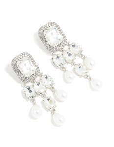 Pearl Earrings: Silver Diamante Pearl Bling Drop Earrings