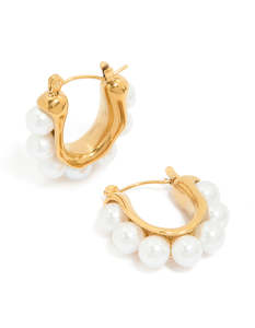 Waterproof Gold Plated Stainless Steel Pearl Puffy Hoop Earrings