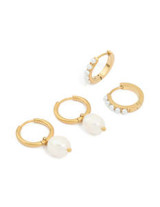 Waterproof Gold Plated Stainless Steel Pearl Detail Huggie Earrings 2-Pack