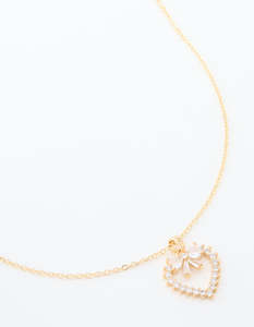 Gold Necklaces: Gold Plated Cubic Zirconia Heart & Bow Pendant Necklace