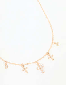 Gold Necklaces: Gold Pearl Diamante Cross Charm Necklace