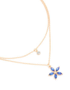 Gold Necklaces: Gold Clear & Blue Diamante Flower Layered Necklace