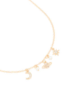 Gold Necklaces: Gold Pearl Diamante Celestial Charm Necklace