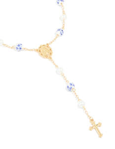 White: Gold Plated Blue Floral Rosary Necklace