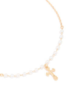 Gold Pearl Cross Pendant Necklace