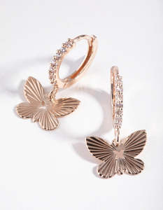 Rose Gold Earrings: Rose Gold Textured Butterfly Diamante Earrings
