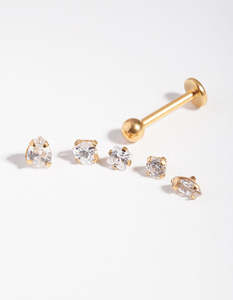 Cubic Zirconia Earrings: Surgicl Steel Single Flat Back Bar & Mixed Cubic Zirconia Interchangeable Ends 6-Pack