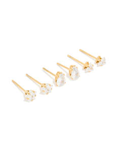 Waterproof Gold Plated Stainless Steel Cubic Zirconia Mixed Cut Stud Earrings 3-Pack