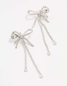 Silver Cubic Zirconia Large Bow Drop Earrings