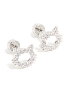 Kids Surgical Steel Cubic Zirconia Cat Flat Back Studs
