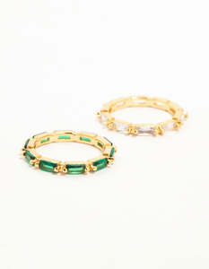 Green: Gold Plated Green & Silver Baguette Stacking Rings 2-Pack
