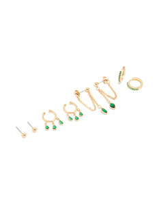 Gold Plated Green Cubic Zirconia Ear Cuff & Huggie Earrings 4-Pack