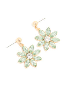 Gold Green Diamante Flower Drop Earrings