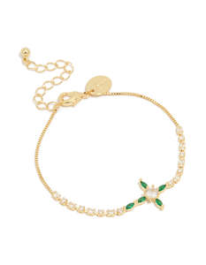 Gold Plated Brass Emerald Cross Cubic Zirconia Toggle Bracelet