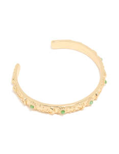 Gold Plated Cluster Green Semi Precious Stone Etched Open Wrist Cuff