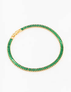 Green: Gold Plated Brass Crystal Baguette Tennis Bracelet