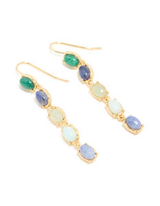 Green: Gold Plated Oval Blue & Green Semi Precious Stone Hook Earrings