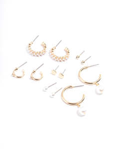 Ear Stacks: Gold Pearl Diamante Hoop & Stud Earring 6-Pack