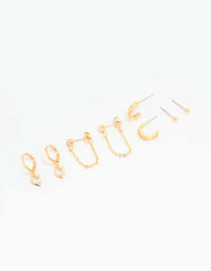 Gold Plated Brass Cubic Zirconia Heart & Chunky Huggie Earrings 4-Pack